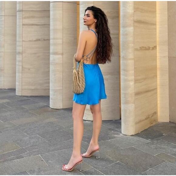 ZARA Blue Halter Mini Dress NWT | Blogger Fave Satin Ring Detail - Picture 13 of 16